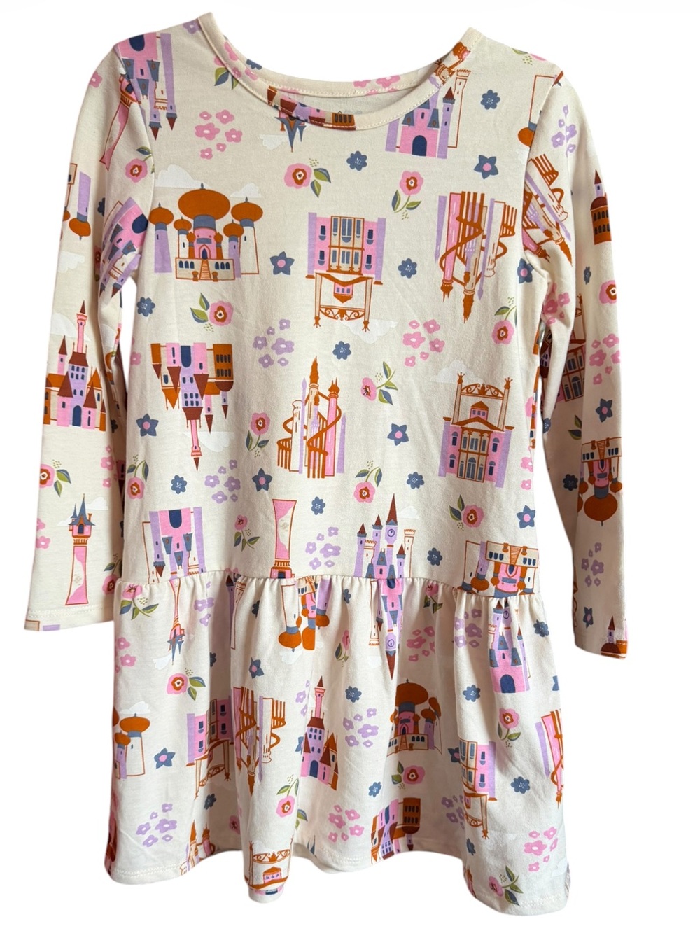 Disney Girls' Cream Castle-Print Long Sleeve Dress Size 5T